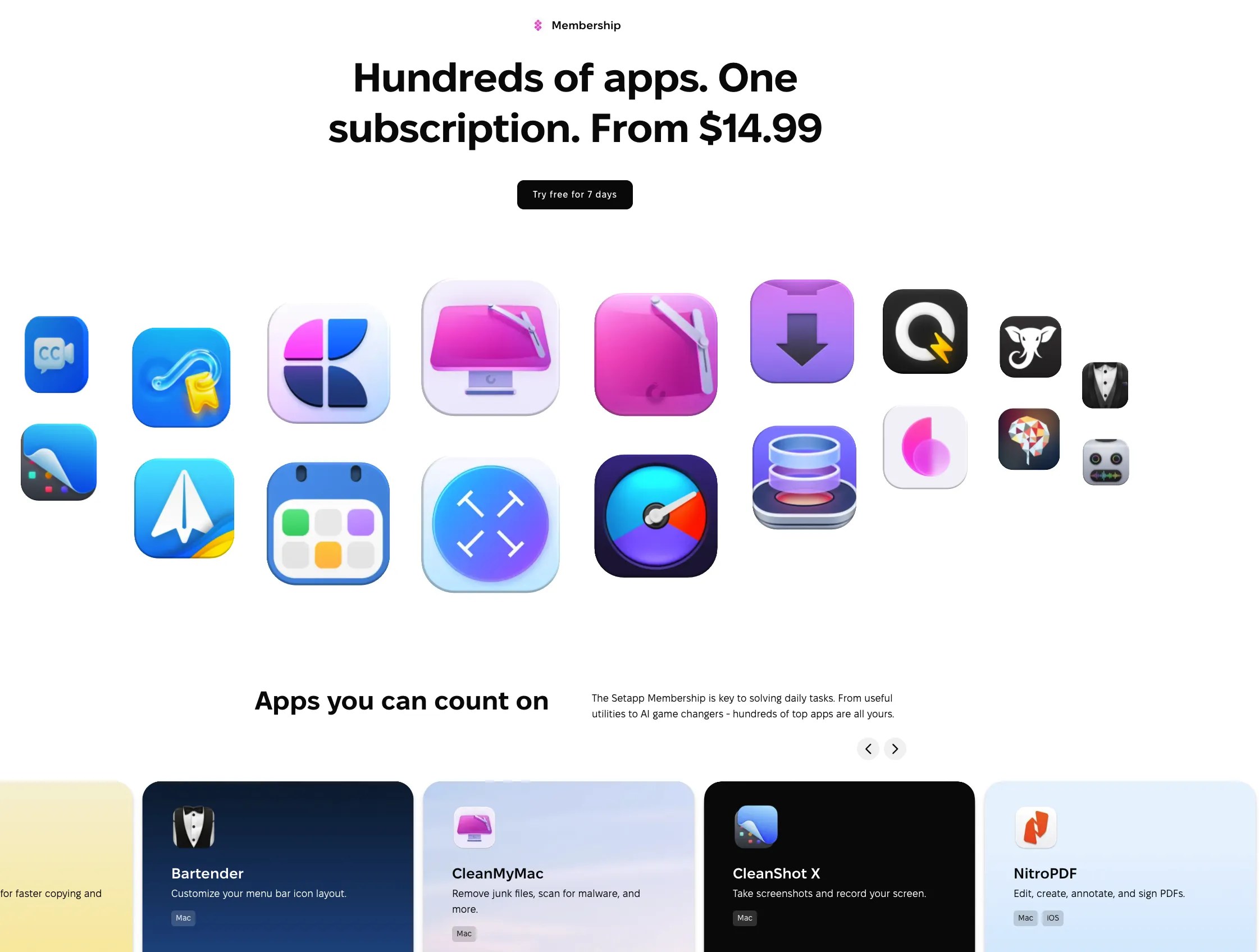 Setapp Membershipで使える主なアプリ一覧。Bartender、CleanMyMac、CleanShot X、NitroPDFなどが月額14.99ドルから利用できる