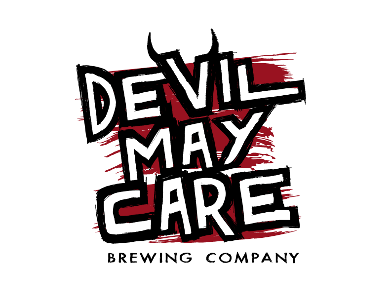 Devil May Care Brewing Company logo with stacked words on top of a red paint-smeared background