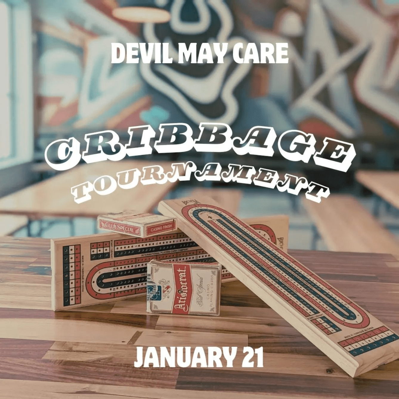 A poster for the DMC Cribbage Tournament on January 21, 2024