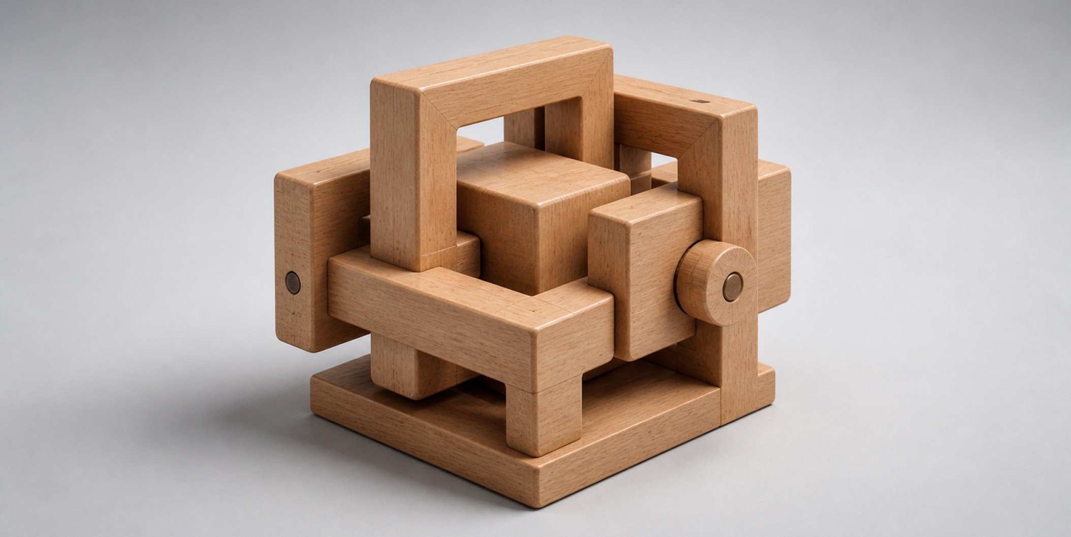 A simple wooden cube constrained inside a knot of large interlocking wooden frames.