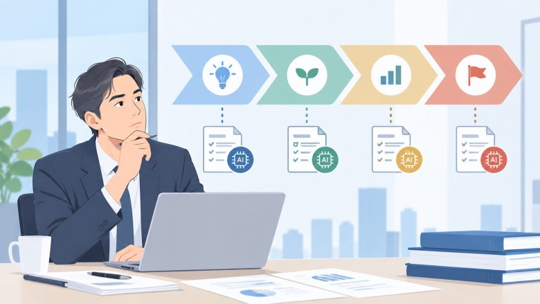 デスクで事業フェーズのルールについて考える男性社員