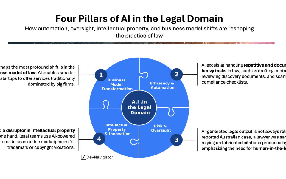 AI in the Legal Domain is no longer a future concept or a niche experiment. It is actively reshaping how legal services are delivered, priced, governed, and protected. From automating document-heavy work to redefining who can compete in the legal market, AI is forcing law firms, legal departments, and regulators to rethink long-standing assumptions. This article breaks down the four most critical pillars driving this transformation and explains why AI in the Legal Domain represents both a competitive advantage and a structural risk if adopted without discipline.