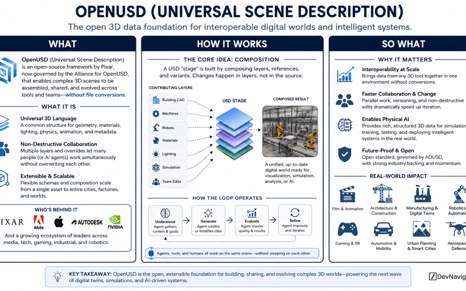 Artificial intelligence is moving beyond text, images and software into machines that operate in the physical world. Robots, autonomous vehicles and intelligent factories need detailed virtual environments where they can be designed, simulated and trained. OpenUSD, or Universal Scene Description, is increasingly becoming the data foundation connecting those environments. Originally developed by Pixar Animation Studios for complex film-production workflows, OpenUSD provides an open and extensible way to describe and compose large 3D worlds. Its importance now extends well beyond entertainment. Digital twins, industrial simulation and Physical AI are turning OpenUSD into an increasingly important piece of AI infrastructure.