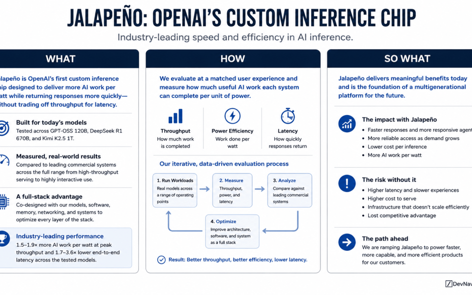 AI progress is increasingly becoming an infrastructure problem as much as a model problem. OpenAI’s new Jalapeño inference chip demonstrates what happens when models, software, networking, memory, and silicon are designed as one system. Early results show substantial improvements in latency and performance per watt across multiple large language models. More importantly, Jalapeño signals a broader shift in AI: competitive advantage may increasingly come from optimizing the entire AI stack rather than improving models in isolation.