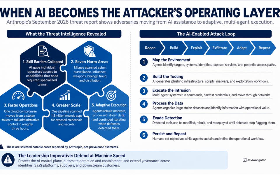 AI threat intelligence is revealing a meaningful change in how malicious actors operate. Anthropic’s September 2026 findings describe selected cases in which AI moved beyond providing technical advice and became an operating layer for reconnaissance, tool development, intrusion, data processing, evasion, and persistence. The reported activity spans seven harm areas, from cyber operations and surveillance to fraud and weapons development. These cases do not show how common AI-enabled attacks are, but they demonstrate what is already possible. Leaders should respond by protecting enterprise AI assets, shortening defensive response times, and extending governance across agents, identities, suppliers, and connected platforms.