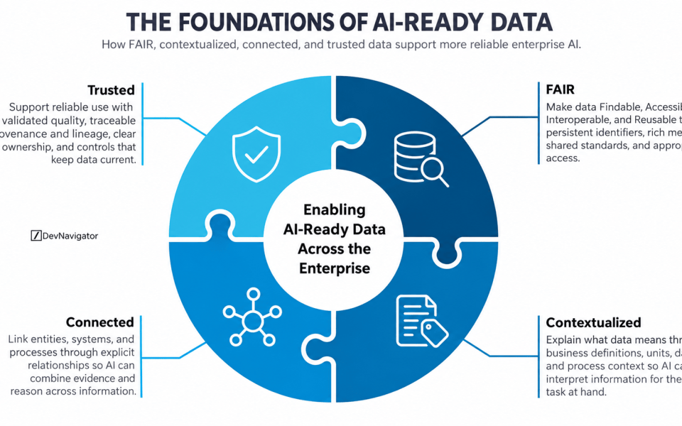 AI-ready data gives enterprise AI the information it needs to discover relevant evidence, interpret business meaning, connect relationships, and assess reliability. Better models still depend on the information available to them when answering a question or supporting a decision. Four complementary foundations offer a practical way to organize that work: FAIR, contextualized, connected, and trusted data. These foundations overlap and form a management framework rather than a formal standard. For leaders, the priority is to build them around specific business tasks and measure whether they improve the resulting answers.