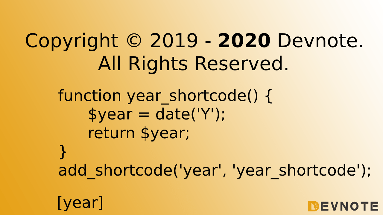 Custom shortcode in wordpress to add current year to elementor footer template · bjorn allpas · february 13, 2020 · 11:23 am · no comments . How To Create A Year Shortcode In The Wordpress Footer Devnote