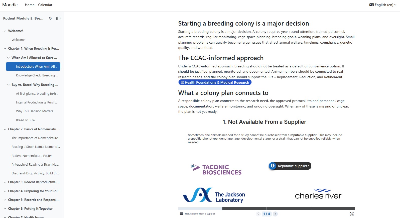 Course chapter page framing the operational decision, with a knowledge check and supplier-comparison activity