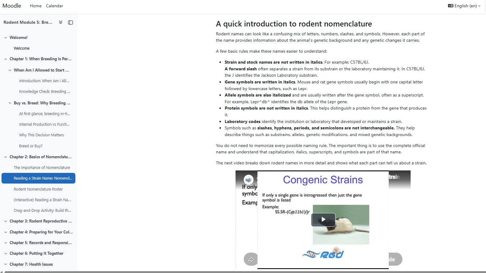 Course chapter page with an embedded explainer video and a scannable reference panel
