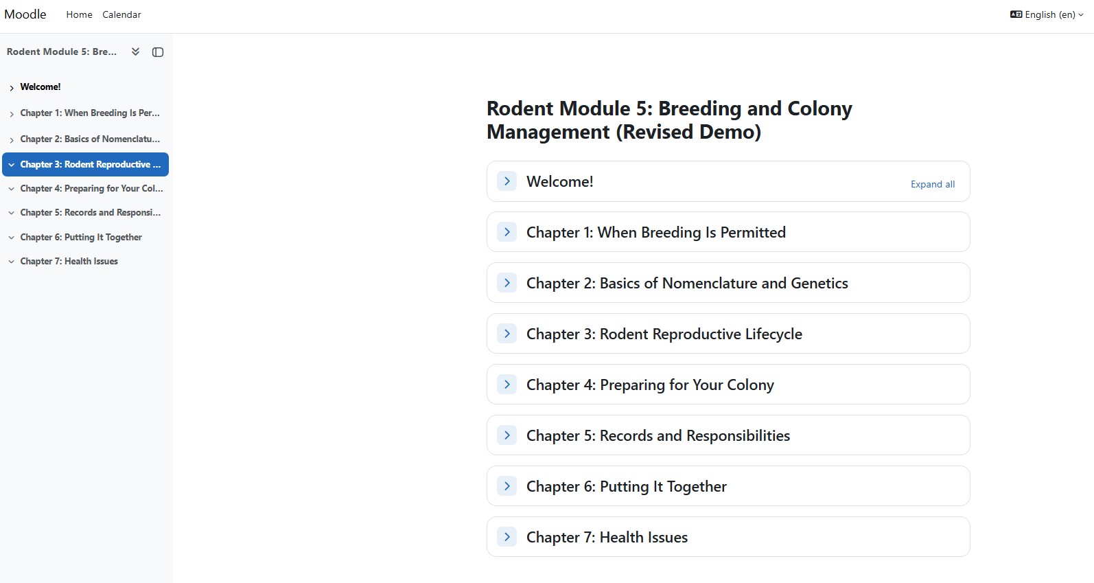 LMS course overview page listing seven sequential chapters
