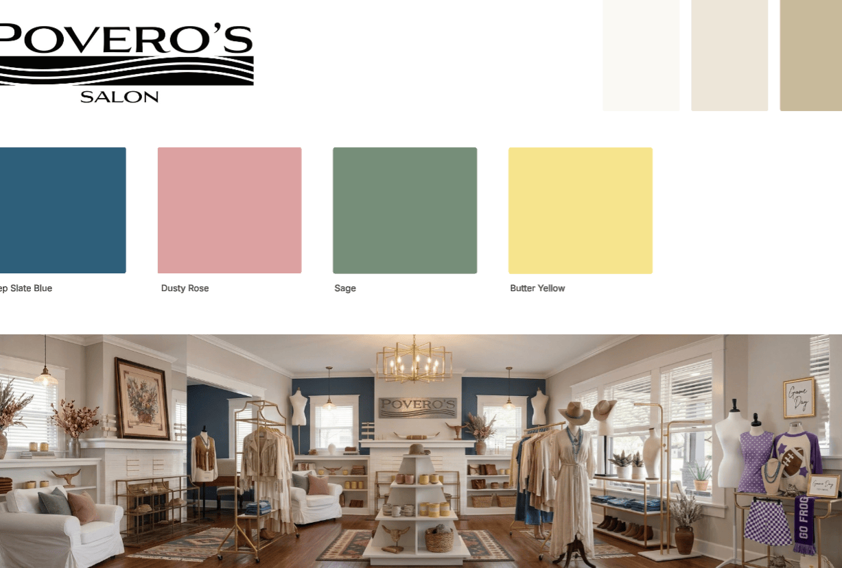 Povero's Salon brand exploration showing logo, color palette with Deep Slate Blue, Dusty Rose, Sage, and Butter Yellow, and boutique store rendering