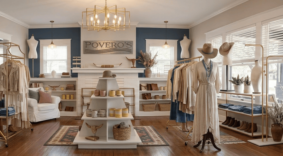 Povero's Salon boutique interior featuring clothing racks, gold fixtures, and western-inspired decor in Fort Worth, Texas