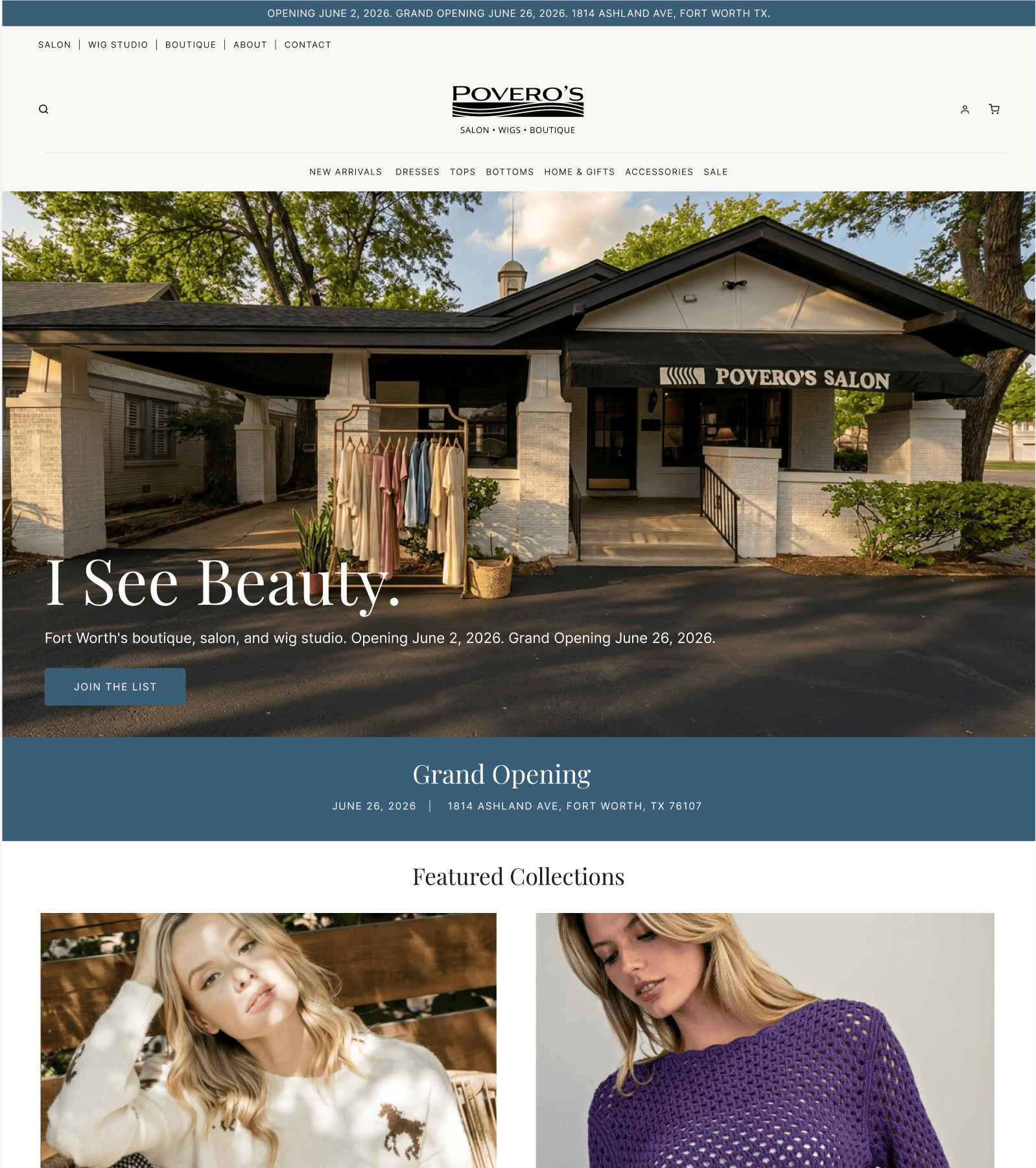 Povero's Salon and boutique website homepage design showing salon, wig studio, and boutique sections, Fort Worth Texas