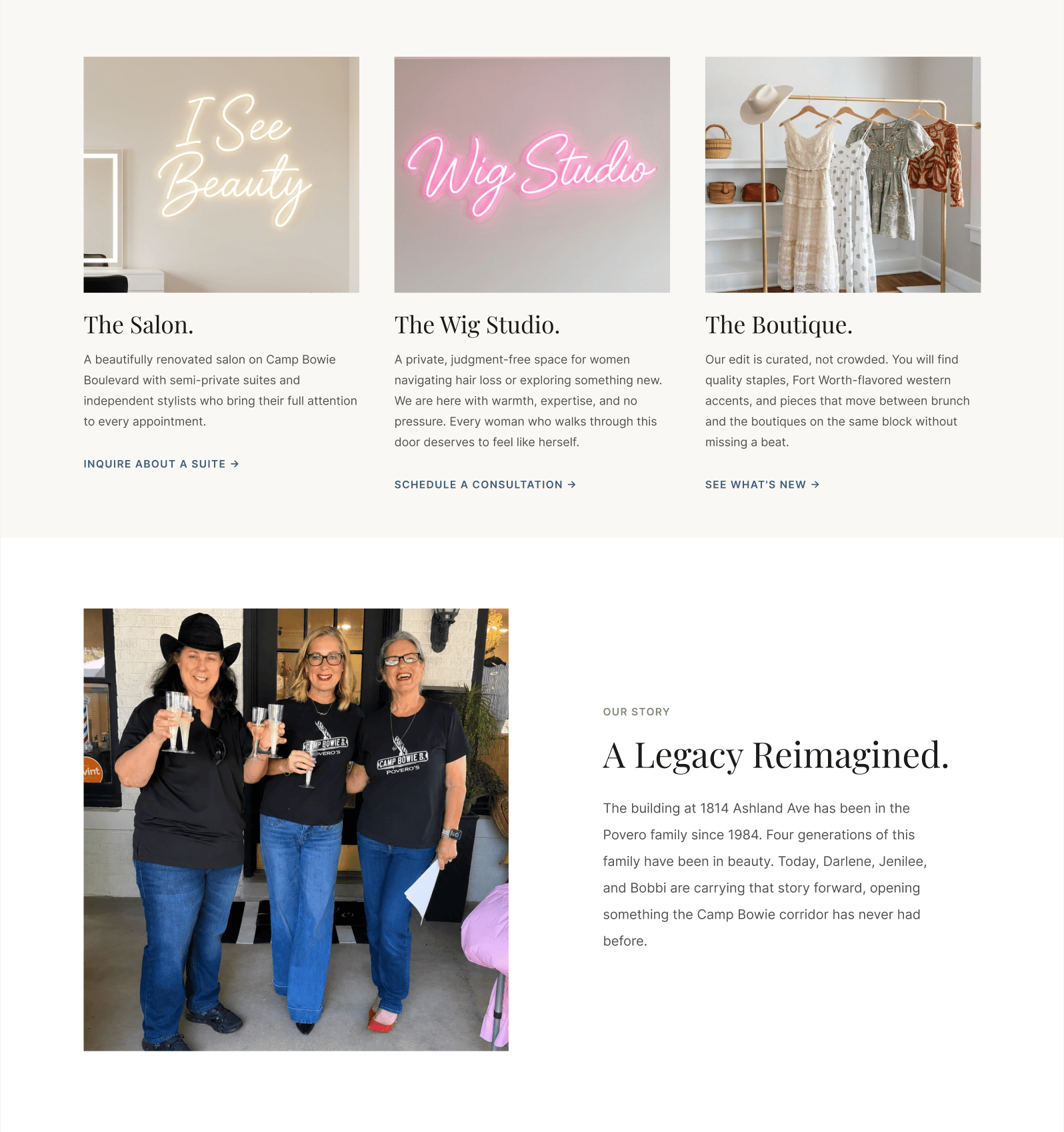Povero's Salon website showing the salon, wig studio, and boutique sections alongside the family legacy story, Fort Worth Texas