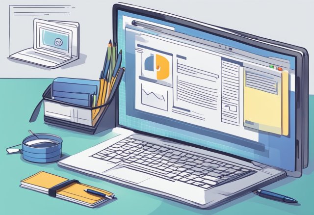 A computer with open affiliate program websites, a notebook with step-by-step guide, and a pen