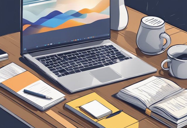 A laptop open on a desk, with a notepad and pen next to it. A stack of books on affiliate marketing in the background