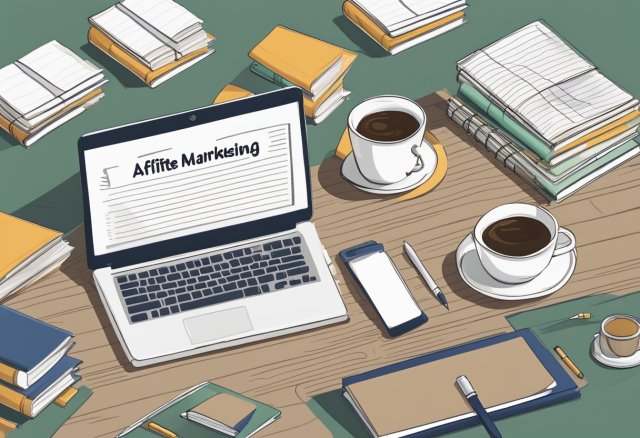 A computer with a blank screen surrounded by books, notes, and a cup of coffee. A pen lies next to an open notebook with the title "Affiliate Marketing Guide."