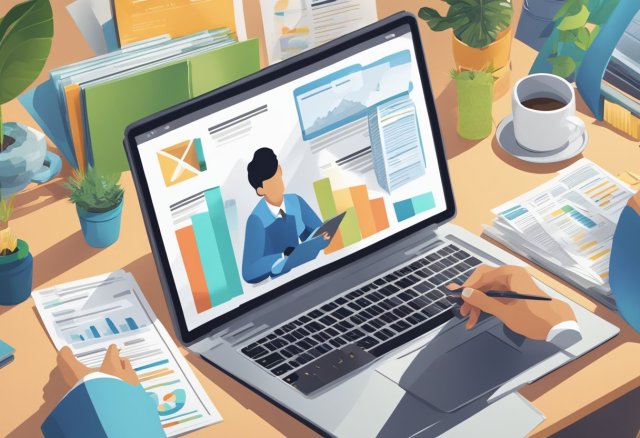 A person reading a comprehensive guide on starting affiliate marketing, with a laptop open and various legal and best practices documents spread out on a desk