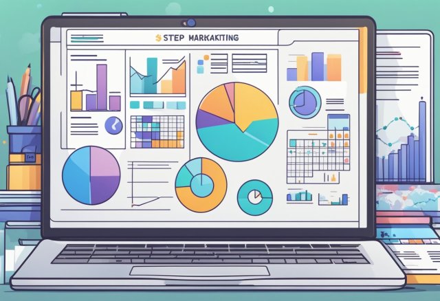 A laptop displaying a step-by-step guide on affiliate marketing, surrounded by charts, graphs, and a calendar for planning and scaling the business