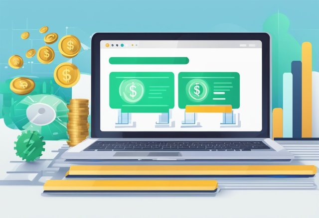 A laptop displaying affiliate marketing steps with dollar signs and charts in the background