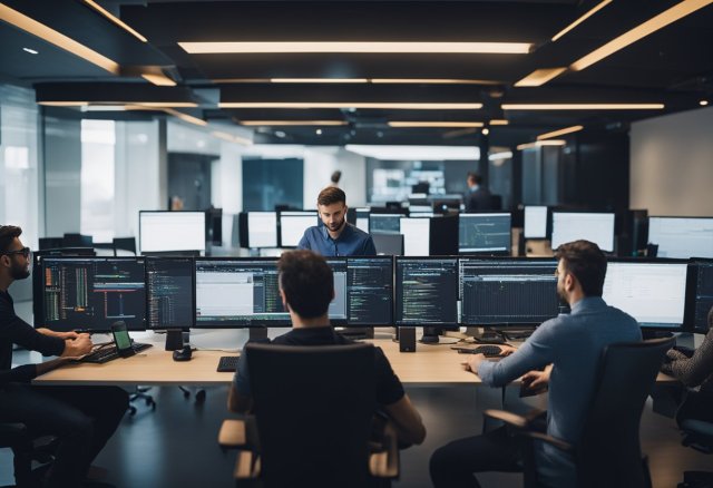 A team of developers and IT professionals collaborating on software development and security practices