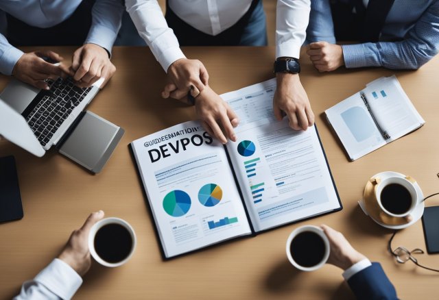 Team members collaborate, sharing ideas and information. A guidebook on DevOps and information security lies open on the table