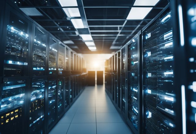 A computer server room with interconnected systems and security measures in place