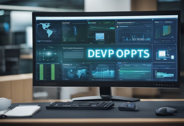 A computer monitor displays a comprehensive guide to DevOps and information security. A network diagram and security protocols are visible on the screen