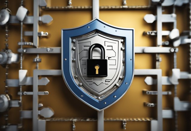A lock symbol surrounded by a shield, with a keyhole in the center, representing data protection and encryption in an AWS environment