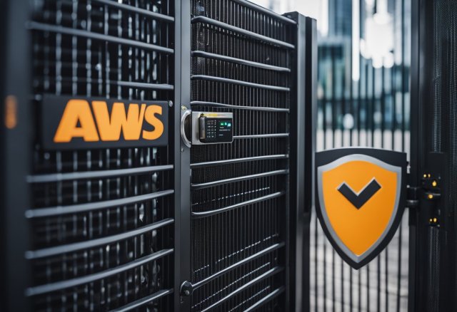 A locked gate surrounds a glowing AWS server, with security measures in place. An info sec badge is required for entry