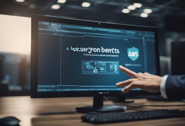A computer monitor displaying AWS security alerts and a hand reaching for a mouse to manage threats