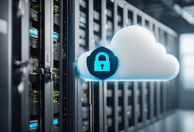 A cloud with a lock symbol hovering over a server rack in a secure data center