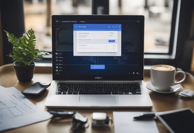 A computer screen displaying VPS Google Cloud Platform with various tools and settings open, surrounded by notes and a cup of coffee