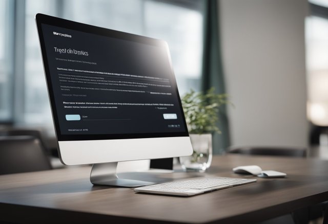 A laptop on a clean desk, with a well-designed landing page displayed on the screen. The page features clear and compelling visuals, a strong call-to-action, and minimal distractions