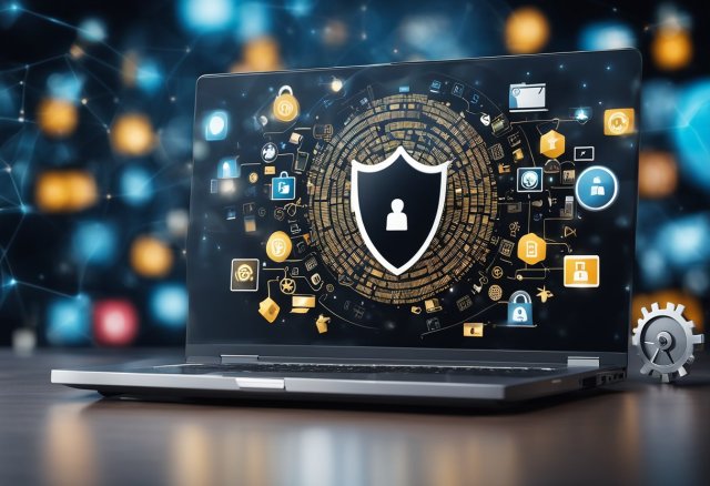 A laptop surrounded by security icons and lock symbols, with a shield in the background. The laptop is connected to various DevOps tools and platforms