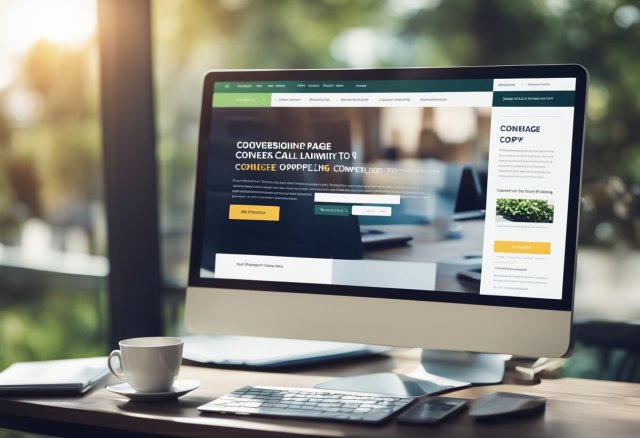 A laptop displaying a high-converting landing page with clear call-to-action buttons, compelling visuals, and concise copy. A graph showing increasing conversion rates in the background