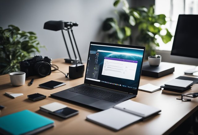 A sleek, modern laptop sits on a clutter-free desk, surrounded by tech accessories and a notepad with neatly written notes. The laptop screen displays various DevOps tools and programs