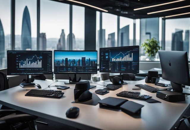 A sleek, modern workspace with multiple high-powered laptops and tech accessories neatly arranged on a desk. The backdrop features a futuristic cityscape, conveying a cutting-edge DevOps environment for 2024