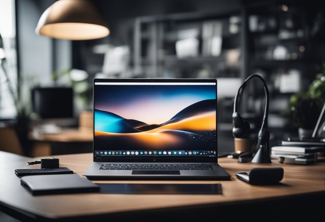 A sleek laptop with multiple ports and customizable features sits on a modern desk, surrounded by various upgrade options and accessories