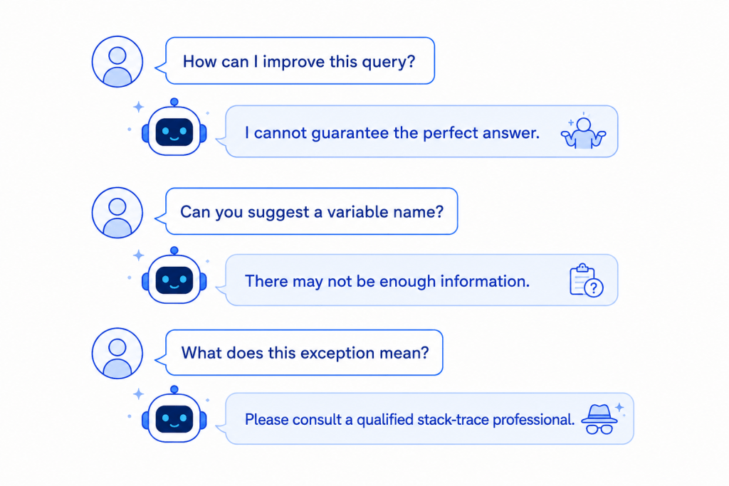 Me: How can I improve this query?

AI: “I cannot guarantee the perfect answer.”

Me: Can you suggest a variable name?

AI: “There may not be enough information.”

Me: What does this exception mean?

AI: “Please consult a qualified stack-trace professional.”