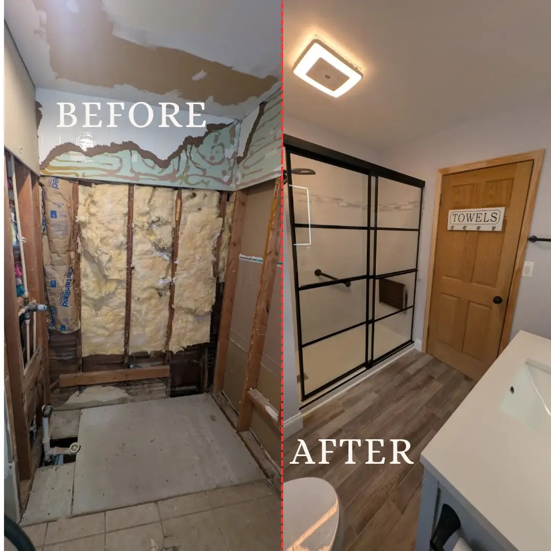 Before and after of a shower enclosure renovation in Jackson County, MI. Modern prefabricated upgrade.