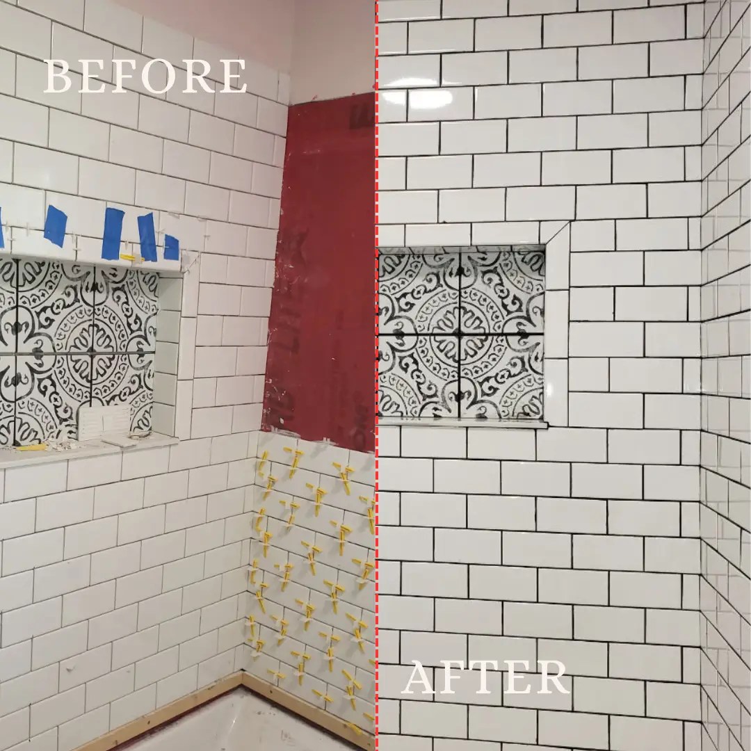 Before and after of subway tile shower renovation in Jackson County, MI. Modern upgrade with clean white tile and new fixtures.