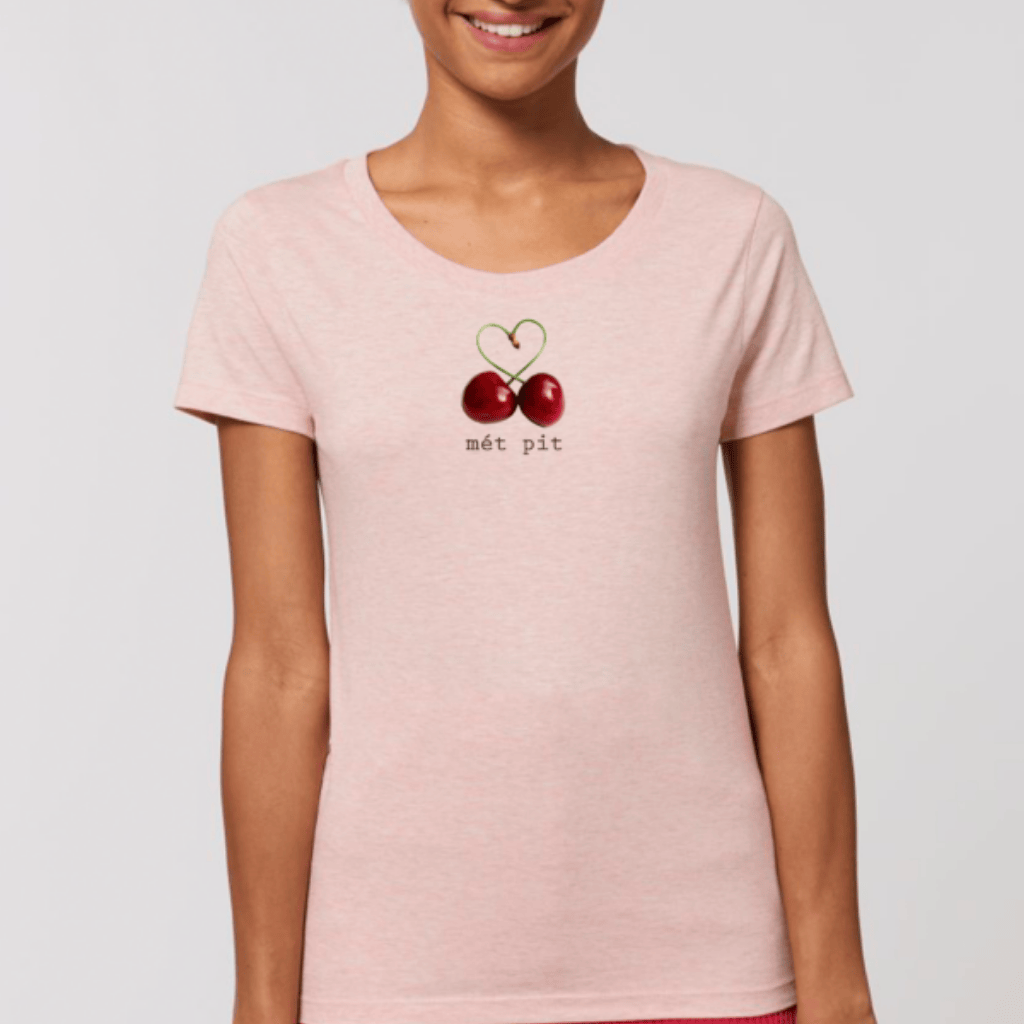 Lichtroze T-shirt met kersjes en tekst mét pit