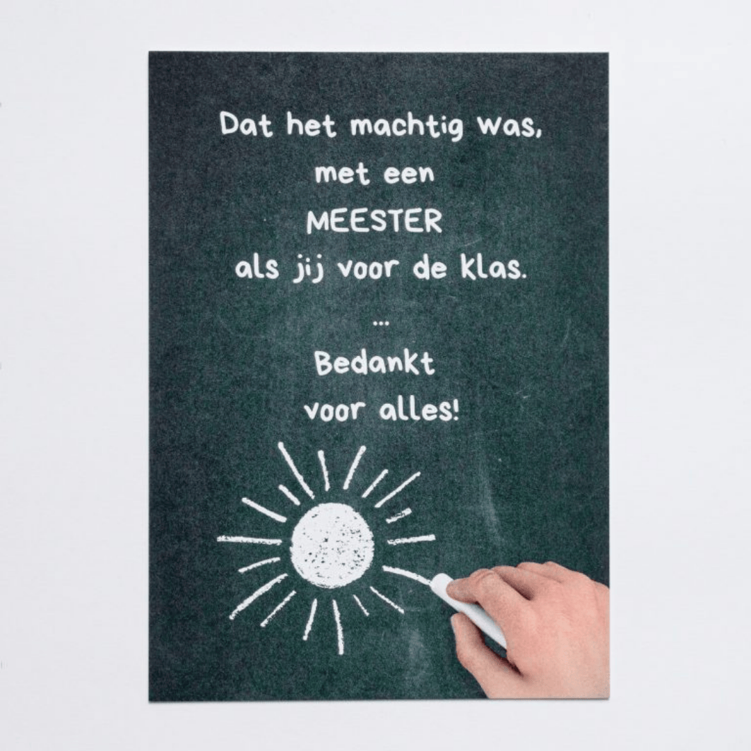 Wenskaart van Tekstament met gedichtje om meester te bedanken