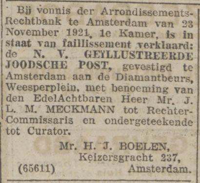 Bericht over het faillissement in het Alg. Handelsblad van 6 december 1921