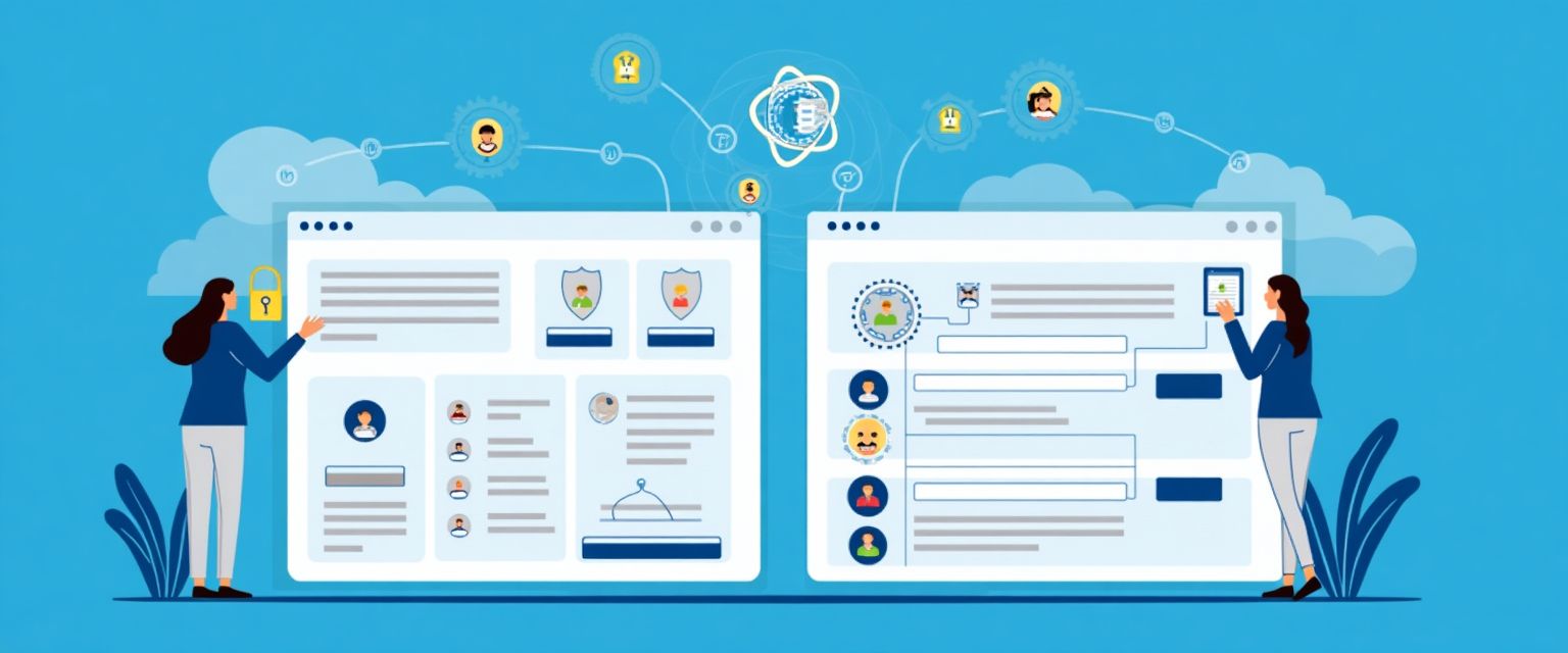 Illustration of Microsoft Entra ID securing a React frontend and Node.js backend with authentication and role-based access control features.