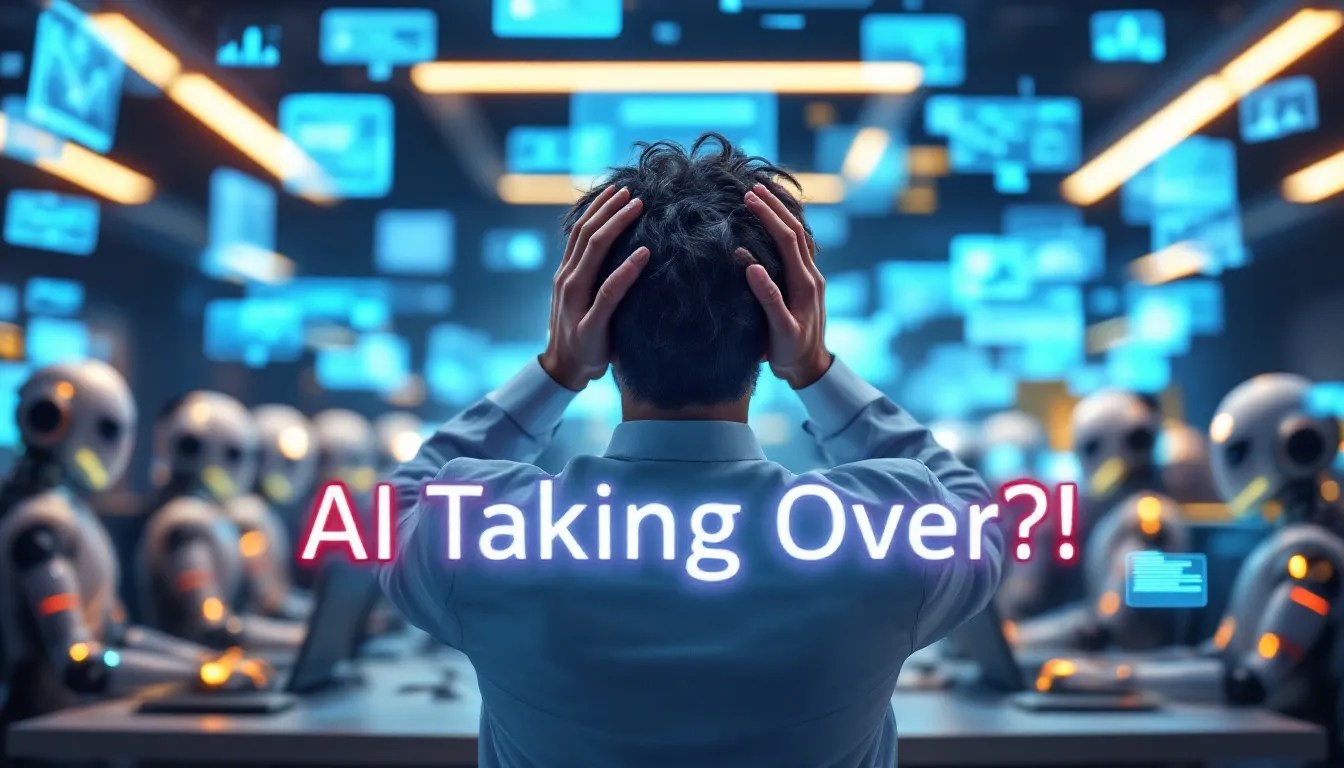 AI call center with robotic agents assisting customers while a frustrated human employee reacts. Futuristic customer service technology concept.