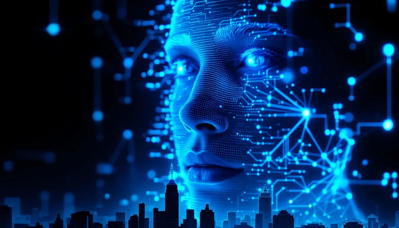 A person’s face being scanned by AI facial recognition technology with digital grid lines and data points, highlighting privacy concerns.