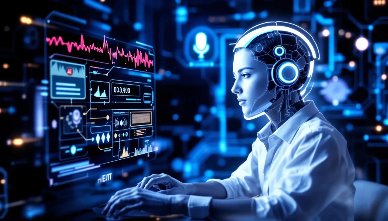 Developer working on AI voice recognition with holographic interface, neural network visualization, and microphone input in a futuristic tech setting.