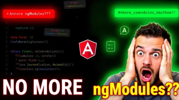 A surprised developer reacting to Angular 18's standalone Reactive Forms feature with floating error messages and corrections.